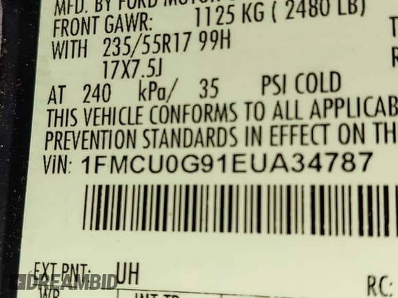 2014 Ford Escape SE with VIN 1FMCU0G91EUA34787, listed as a IAAI auction lot 43215686 with 168,628 mi miles and . Bid and sale history available at DreamBid. Image 9.