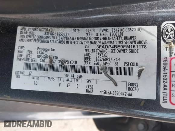 2015 Ford Fiesta SE z VIN 3FADP4BE9FM161178, wystawiony jako IAAI lot #42702671 z przebiegiem 86 986 mil mil oraz . Historia ofert i sprzedaży dostępna na DreamBid. Obrazek 9.