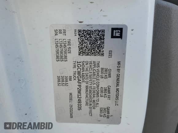 2021 Chevrolet Express Cargo with VIN 1GCWGAFP2M1249335, listed as a Copart auction lot 65965855 with 55,100 mi miles and Salvage title. Bid and sale history available at DreamBid. Image 13.