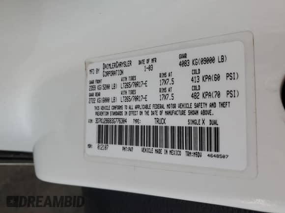 2003 Dodge 2500 ST with VIN 3D7KU28683G776304, listed as a Copart auction lot 62036215 with 300,702 mi miles and Salvage title. Bid and sale history available at DreamBid. Image 12.