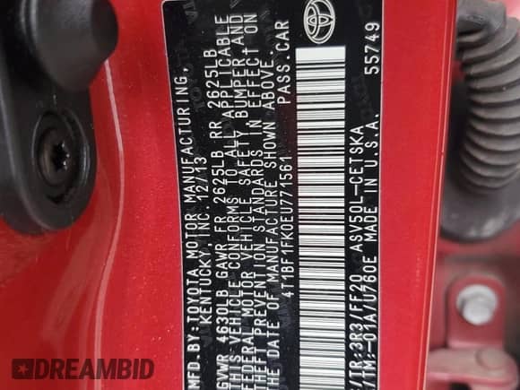 2014 Toyota Camry SE Sport с VIN 4T1BF1FK0EU771561, выставлен на аукционе Copart как лот 86292725 с пробегом 201 725 миль миль и Списание • Salvage title. История ставок и продаж доступна на DreamBid. Изображение 12.