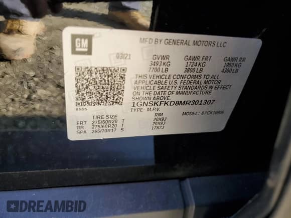 2021 Chevrolet Suburban Premier с VIN 1GNSKFKD8MR301307, выставлен на аукционе Copart как лот 80581265 с пробегом 55 561 миль миль и Списание • Salvage title. История ставок и продаж доступна на DreamBid. Изображение 14.