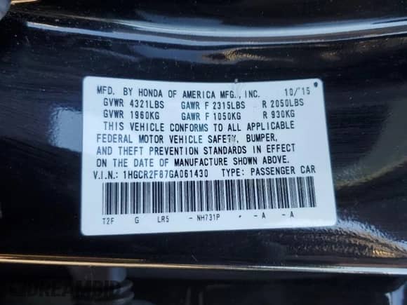 2016 Honda Accord EX-L with VIN 1HGCR2F87GA061430, listed as a Copart auction lot 81783555 with 140,990 mi miles and Salvage title. Bid and sale history available at DreamBid. Image 12.