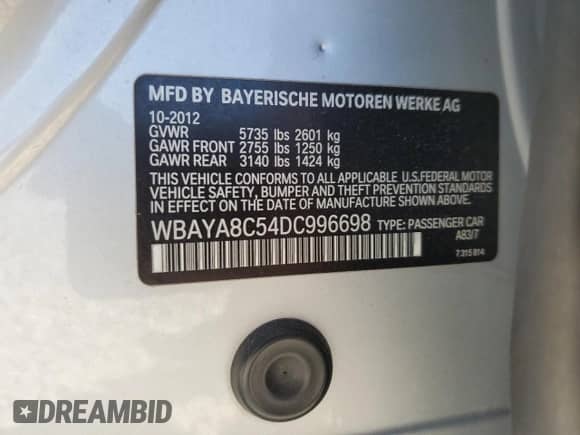 2013 BMW 7 Series 750i with VIN WBAYA8C54DC996698, listed as a Copart auction lot 53235915 with 116,247 mi miles and Salvage title. Bid and sale history available at DreamBid. Image 13.