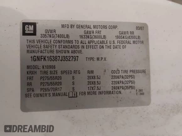 2007 Chevrolet Suburban LT с VIN 1GNFK16387J352797, выставлен на аукционе IAAI как лот 42310897 с пробегом 208 836 миль миль и . История ставок и продаж доступна на DreamBid. Изображение 9.