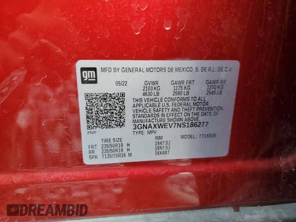2022 Chevrolet Equinox RS z VIN 3GNAXWEV7NS186277, wystawiony jako Copart lot #81639315 z przebiegiem 74 539 mil mil oraz Szkoda całkowita • Salvage title. Historia ofert i sprzedaży dostępna na DreamBid. Obrazek 13.