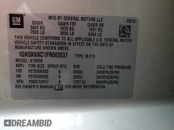 2015 Chevrolet Suburban LTZ с VIN 1GNSKKKC1FR683537, выставлен на аукционе Copart как лот 68877865 с пробегом Не указан миль и Списание • Salvage title. История ставок и продаж доступна на DreamBid. Изображение 13.