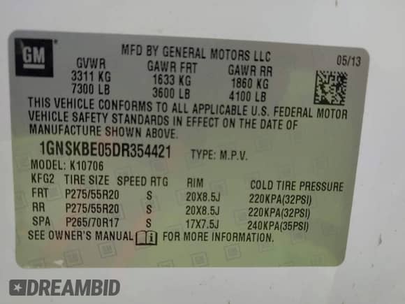 2013 Chevrolet Tahoe LT с VIN 1GNSKBE05DR354421, выставлен на аукционе IAAI как лот 42935990 с пробегом 145 514 миль миль и . История ставок и продаж доступна на DreamBid. Изображение 9.