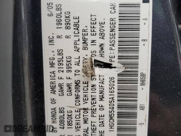 2005 Honda Accord LX with VIN 1HGCM55405A165026, listed as a Copart auction lot 70010165 with 204,293 mi miles and Clean title. Bid and sale history available at DreamBid. Image 12.