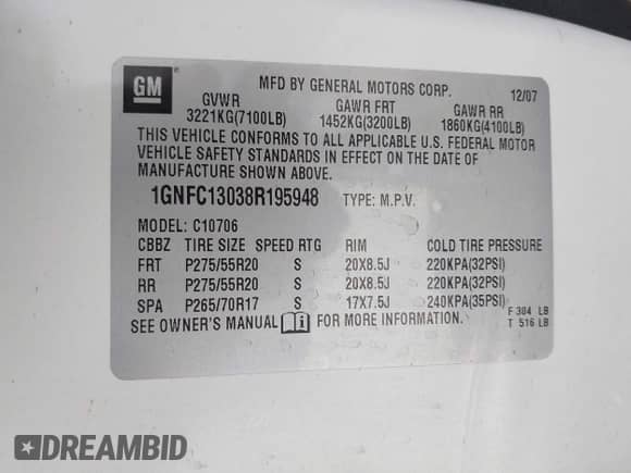 2008 Chevrolet Tahoe LTZ с VIN 1GNFC13038R195948, выставлен на аукционе IAAI как лот 42659661 с пробегом 194 388 миль миль и . История ставок и продаж доступна на DreamBid. Изображение 9.