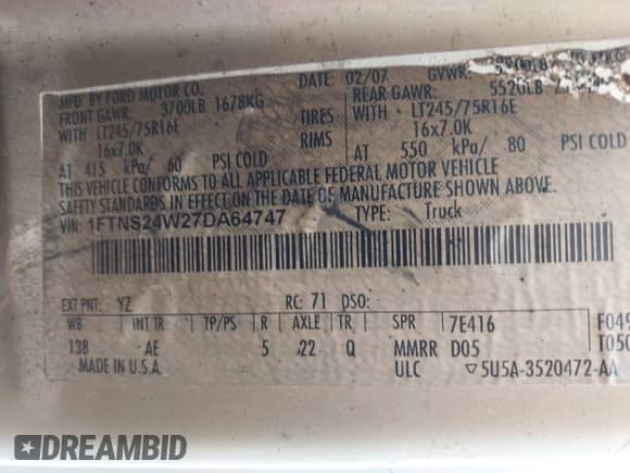 2007 Ford Econoline Cargo Commercial z VIN 1FTNS24W27DA64747, wystawiony jako IAAI lot #41915659 z przebiegiem Nie podano mil oraz . Historia ofert i sprzedaży dostępna na DreamBid. Obrazek 8.