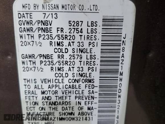2013 Nissan Murano SV with VIN JN8AZ1MW0DW321431, listed as a Copart auction lot 65448895 with Not provided miles and Salvage title. Bid and sale history available at DreamBid. Image 13.