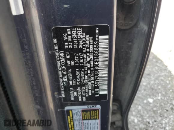 2014 Hyundai Santa Fe with VIN 5XYZU3LB0EG186859, listed as a Copart auction lot 60668615 with 228,647 mi miles and Salvage title. Bid and sale history available at DreamBid. Image 13.