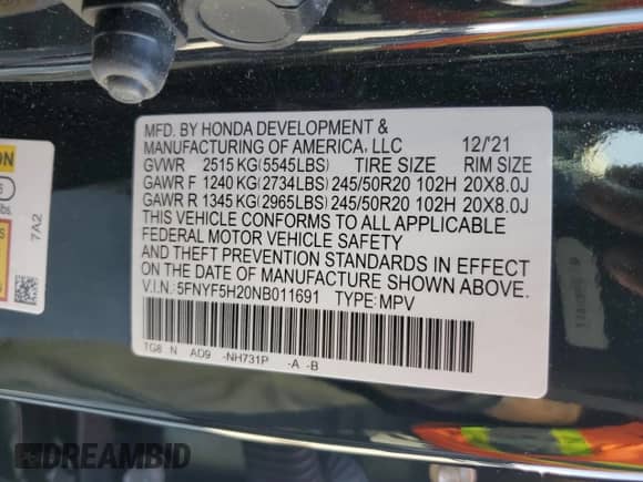 2022 Honda Pilot Special Edition z VIN 5FNYF5H20NB011691, wystawiony jako Copart lot #80499965 z przebiegiem Nie podano mil oraz Szkoda całkowita • Salvage title. Historia ofert i sprzedaży dostępna na DreamBid. Obrazek 14.