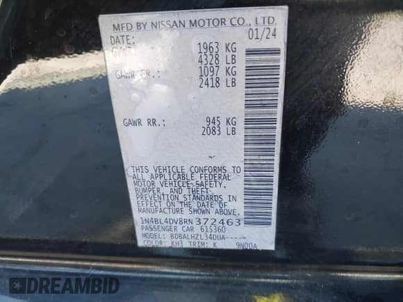 2024 Nissan Altima SV z VIN 1N4BL4DV8RN372463, wystawiony jako IAAI lot #43543996 z przebiegiem 33 533 mil mil oraz . Historia ofert i sprzedaży dostępna na DreamBid. Obrazek 9.