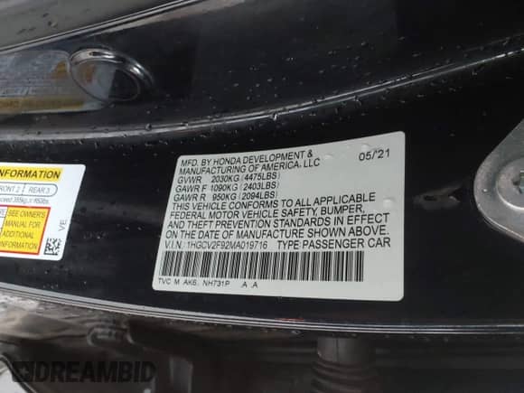 2021 Honda Accord Touring с VIN 1HGCV2F92MA019716, выставлен на аукционе IAAI как лот 42884610 с пробегом 106 281 миль миль и . История ставок и продаж доступна на DreamBid. Изображение 9.