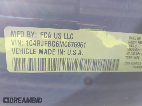 2021 Jeep Grand Cherokee Limited with VIN 1C4RJFBG6MC676961, listed as a IAAI auction lot 41898352 with 28,645 mi miles and . Bid and sale history available at DreamBid. Image 9.
