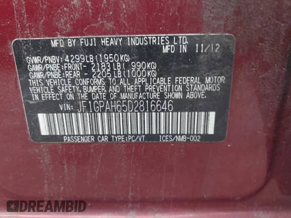 2013 Subaru Impreza Limited с VIN JF1GPAH65D2816646, выставлен на аукционе IAAI как лот 42818313 с пробегом 202 733 миль миль и . История ставок и продаж доступна на DreamBid. Изображение 9.