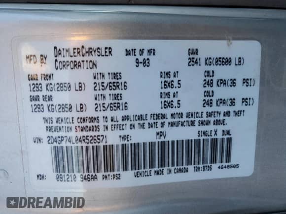 2004 Dodge Caravan EX с VIN 2D4GP74L04R526571, выставлен на аукционе Copart как лот 85951654 с пробегом 319 750 миль миль и Списание • Salvage title. История ставок и продаж доступна на DreamBid. Изображение 13.