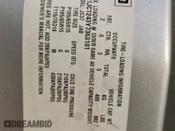 2000 Chevrolet Cavalier with VIN 1G1JC1243Y7363101, listed as a Copart auction lot 57591485 with 252,742 mi miles and Salvage title. Bid and sale history available at DreamBid. Image 12.