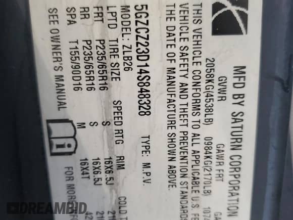 2004 Saturn VUE with VIN 5GZCZ23D14S848328, listed as a Copart auction lot 51955285 with Not provided miles and Non repairable. Bid and sale history available at DreamBid. Image 13.