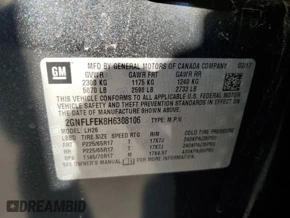 2017 Chevrolet Equinox LT с VIN 2GNFLFEK8H6308106, выставлен на аукционе Copart как лот 76279054 с пробегом 46 026 миль миль и Списание • Salvage title. История ставок и продаж доступна на DreamBid. Изображение 14.