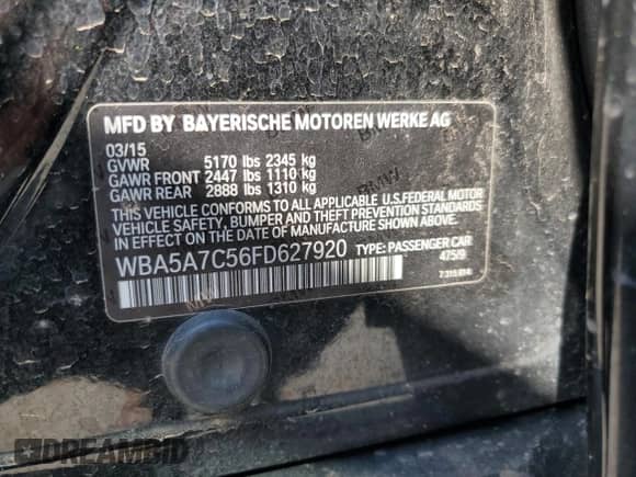 2015 BMW 5 Series 528i xDrive with VIN WBA5A7C56FD627920, listed as a Copart auction lot 50847115 with 119,361 mi miles and Salvage title. Bid and sale history available at DreamBid. Image 15.