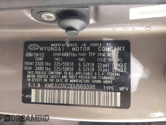 2013 Hyundai Tucson GLS with VIN KM8JU3AC0DU563398, listed as a IAAI auction lot 42214192 with 141,871 mi miles and . Bid and sale history available at DreamBid. Image 9.