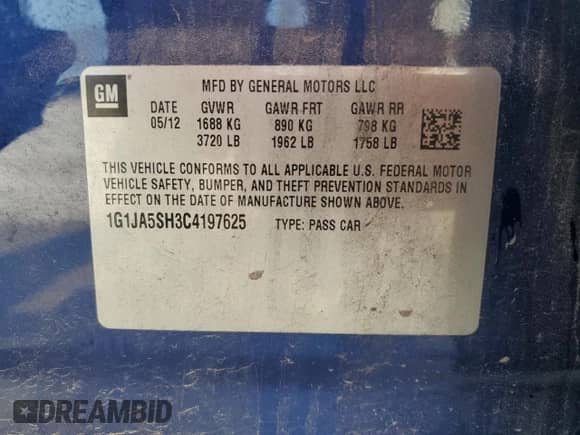 2012 Chevrolet Sonic LS с VIN 1G1JA5SH3C4197625, выставлен на аукционе Copart как лот 68454525 с пробегом 175 440 миль миль и Списание • Salvage title. История ставок и продаж доступна на DreamBid. Изображение 12.