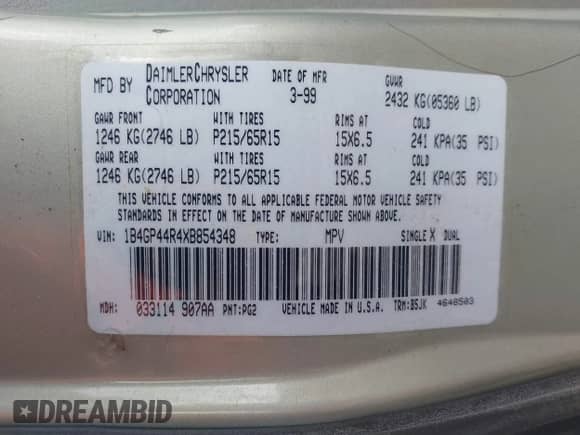 1999 Dodge Caravan SE with VIN 1B4GP44R4XB854348, listed as a IAAI auction lot 41871640 with 169,312 mi miles and . Bid and sale history available at DreamBid. Image 9.