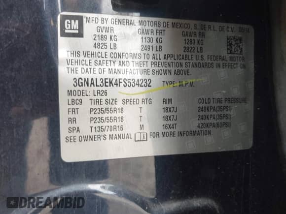2015 Chevrolet Captiva Sport LT с VIN 3GNAL3EK4FS534232, выставлен на аукционе IAAI как лот 42916687 с пробегом 177 193 миль миль и . История ставок и продаж доступна на DreamBid. Изображение 9.