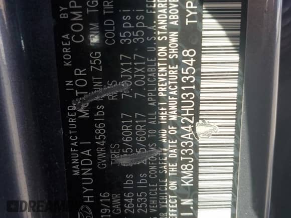 2017 Hyundai Tucson SE z VIN KM8J33A42HU313548, wystawiony jako Copart lot #86123925 z przebiegiem Nie podano mil oraz Szkoda całkowita • Salvage title. Historia ofert i sprzedaży dostępna na DreamBid. Obrazek 12.