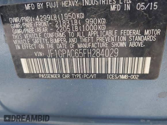 2015 Subaru Impreza Premium with VIN JF1GPAC65FH284029, listed as a IAAI auction lot 43226350 with 137,253 mi miles and . Bid and sale history available at DreamBid. Image 9.