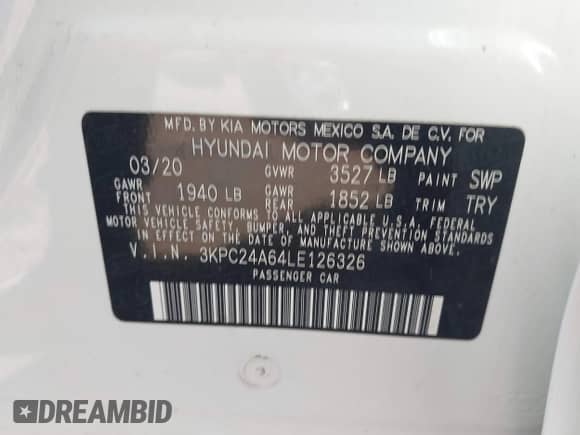 2020 Hyundai Accent SE z VIN 3KPC24A64LE126326, wystawiony jako IAAI lot #43422687 z przebiegiem 54 488 mil mil oraz . Historia ofert i sprzedaży dostępna na DreamBid. Obrazek 9.