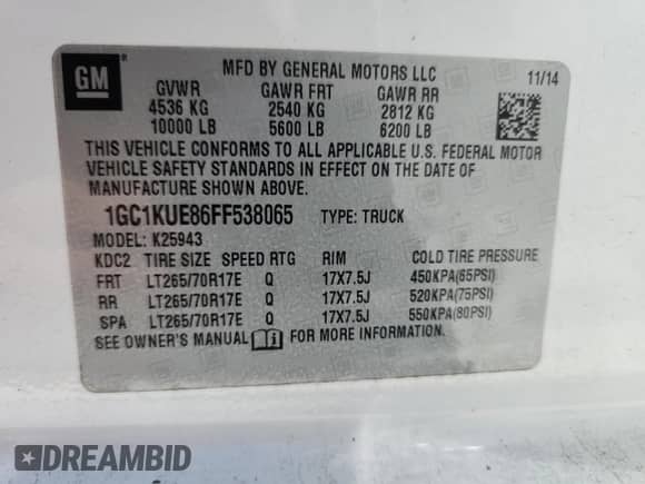 2015 Chevrolet Silverado 2500HD Work Truck с VIN 1GC1KUE86FF538065, выставлен на аукционе Copart как лот 64225705 с пробегом Не указан миль и Списание • Salvage title. История ставок и продаж доступна на DreamBid. Изображение 13.