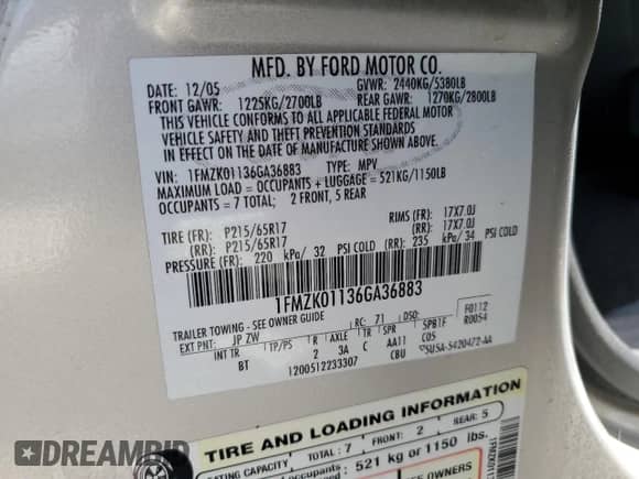 2006 Ford Freestyle SE с VIN 1FMZK01136GA36883, выставлен на аукционе Copart как лот 56223985 с пробегом 156 885 миль миль и Списание • Salvage title. История ставок и продаж доступна на DreamBid. Изображение 14.