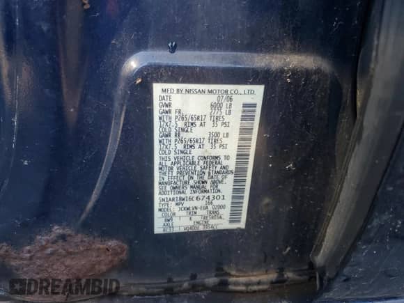 2006 Nissan Pathfinder LE с VIN 5N1AR18W16C674301, выставлен на аукционе Copart как лот 89643205 с пробегом 222 843 миль миль и Чистый • Clean title. История ставок и продаж доступна на DreamBid. Изображение 14.