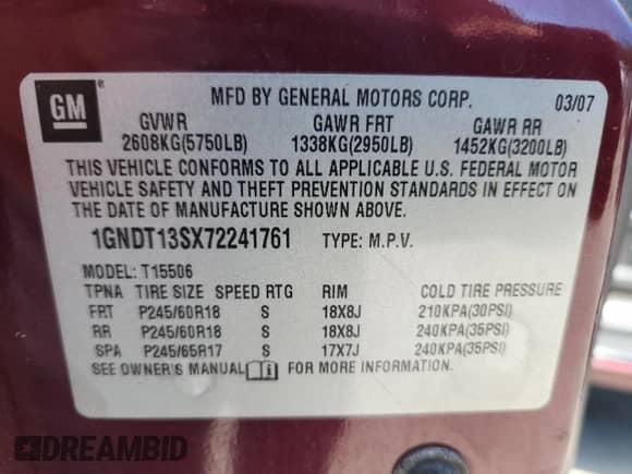 2007 Chevrolet TrailBlazer LS с VIN 1GNDT13SX72241761, выставлен на аукционе Copart как лот 61947355 с пробегом 174 658 миль миль и Чистый • Clean title. История ставок и продаж доступна на DreamBid. Изображение 13.