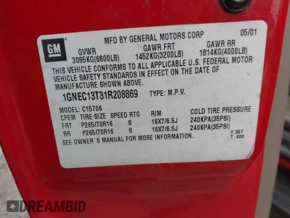 2001 Chevrolet Tahoe LT с VIN 1GNEC13T31R208869, выставлен на аукционе IAAI как лот 42887522 с пробегом 235 487 миль миль и . История ставок и продаж доступна на DreamBid. Изображение 9.