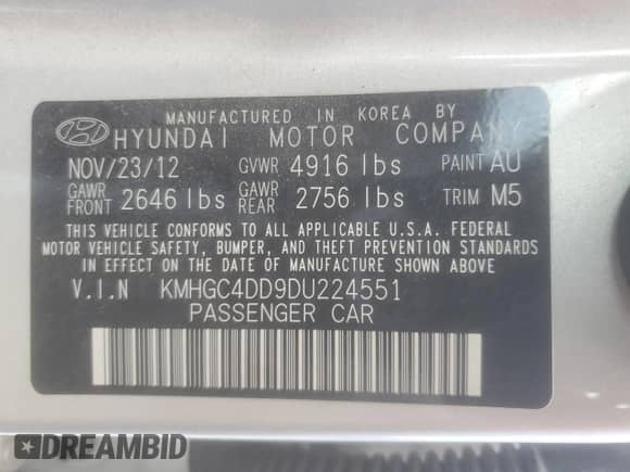 2013 Hyundai Genesis 3.8L with VIN KMHGC4DD9DU224551, listed as a Copart auction lot 61646524 with 119,757 mi miles and Clean title. Bid and sale history available at DreamBid. Image 12.