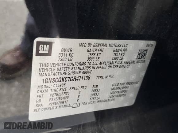 2016 Chevrolet Suburban LS с VIN 1GNSCGKC7GR471138, выставлен на аукционе Copart как лот 53101865 с пробегом 106 725 миль миль и Списание • Salvage title. История ставок и продаж доступна на DreamBid. Изображение 13.