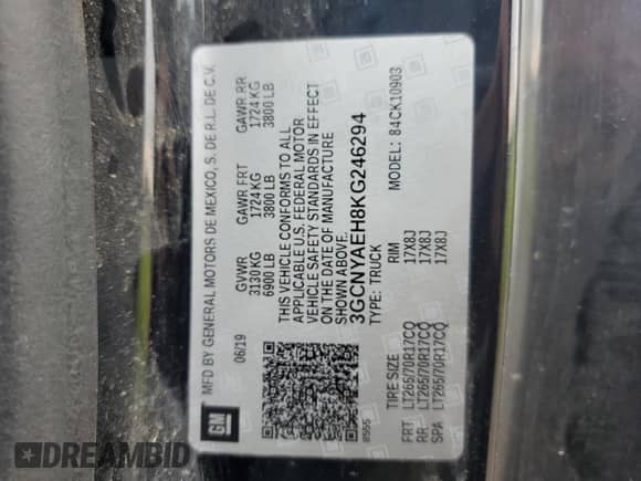 2019 Chevrolet Silverado 1500 Work Truck z VIN 3GCNYAEH8KG246294, wystawiony jako Copart lot #61124205 z przebiegiem 76 807 mil mil oraz Szkoda całkowita • Salvage title. Historia ofert i sprzedaży dostępna na DreamBid. Obrazek 13.