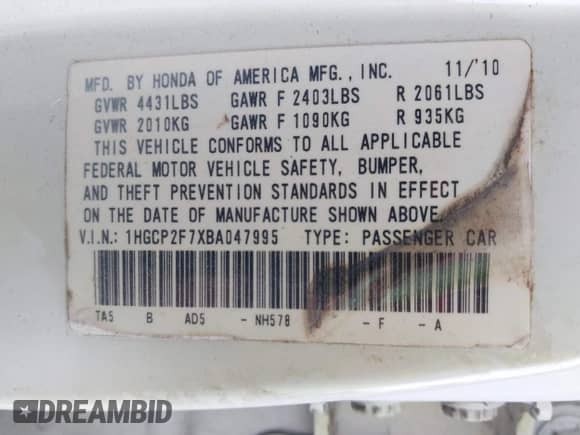 2011 Honda Accord EX с VIN 1HGCP2F7XBA047995, выставлен на аукционе IAAI как лот 42811652 с пробегом 155 856 миль миль и . История ставок и продаж доступна на DreamBid. Изображение 9.