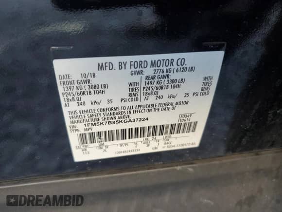 2019 Ford Explorer z VIN 1FM5K7B85KGA37224, wystawiony jako Copart lot #55700345 z przebiegiem 78 472 mil mil oraz Szkoda całkowita • Salvage title. Historia ofert i sprzedaży dostępna na DreamBid. Obrazek 14.