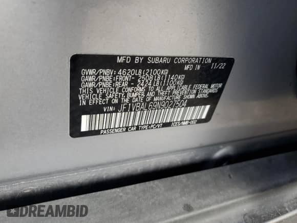 2022 Subaru WRX Limited с VIN JF1VBAL69N9027504, выставлен на аукционе Copart как лот 68443435 с пробегом 41 536 миль миль и Списание • Salvage title. История ставок и продаж доступна на DreamBid. Изображение 13.