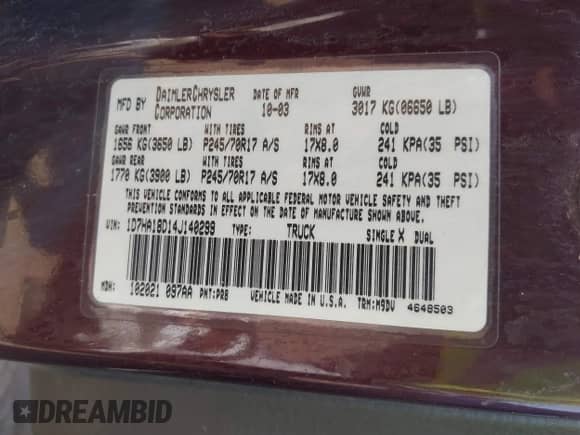 2004 Dodge 1500 SLT with VIN 1D7HA18D14J140299, listed as a IAAI auction lot 42974467 with 165,780 mi miles and . Bid and sale history available at DreamBid. Image 9.