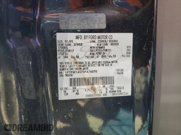 2005 Ford F-150 XLT with VIN 1FTPW14575FA76070, listed as a Copart auction lot 90621825 with Not provided miles and Clean title. Bid and sale history available at DreamBid. Image 12.