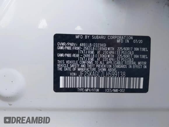 2020 Subaru Forester Premium z VIN JF2SKAGC7LH599138, wystawiony jako IAAI lot #43224988 z przebiegiem 61 422 mil mil oraz . Historia ofert i sprzedaży dostępna na DreamBid. Obrazek 9.