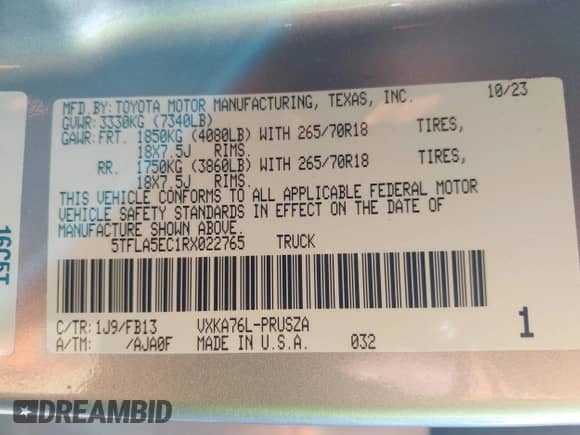 2024 Toyota Tundra SR5 with VIN 5TFLA5EC1RX022765, listed as a IAAI auction lot 41421939 with 30,946 mi miles and . Bid and sale history available at DreamBid. Image 9.