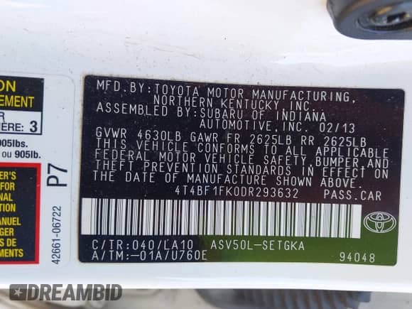 2013 Toyota Camry LE с VIN 4T4BF1FK0DR293632, выставлен на аукционе IAAI как лот 43440372 с пробегом 189 746 миль миль и . История ставок и продаж доступна на DreamBid. Изображение 9.